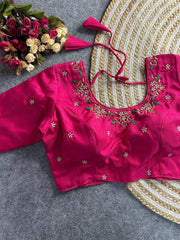 Dark pink floral embroidery Banglori silk blouse with intricate design, ideal for traditional and festive occasions.