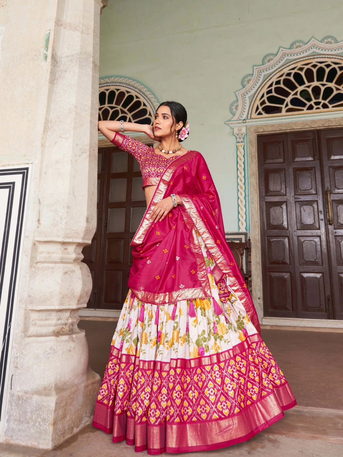 Dark Pink Tussar Silk Floral Print Lehenga side view – KL182 Kalyanja