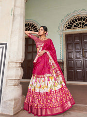 Dark Pink Tussar Silk Floral Print Lehenga side view – KL182 Kalyanja