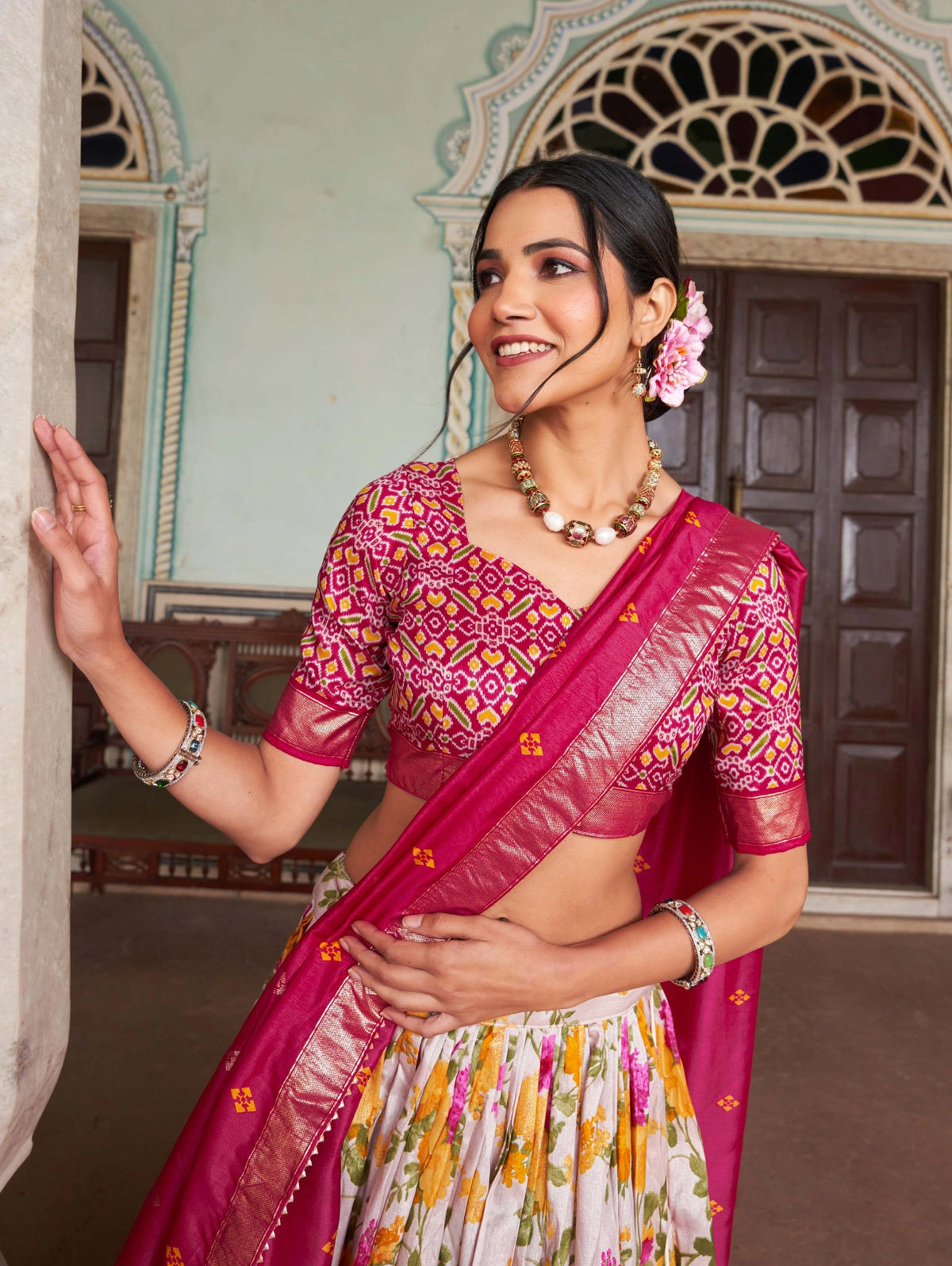 Dark Pink Floral Lehenga choli detail close-up – KL182 Kalyanja