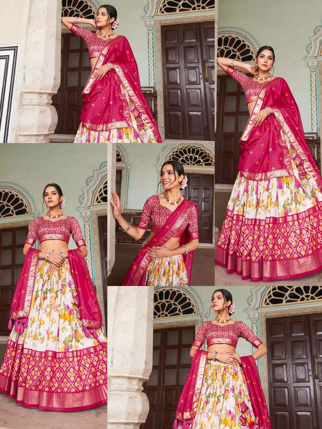 Dark Pink Floral Print Lehenga collage multiple views – KL182 Kalyanja