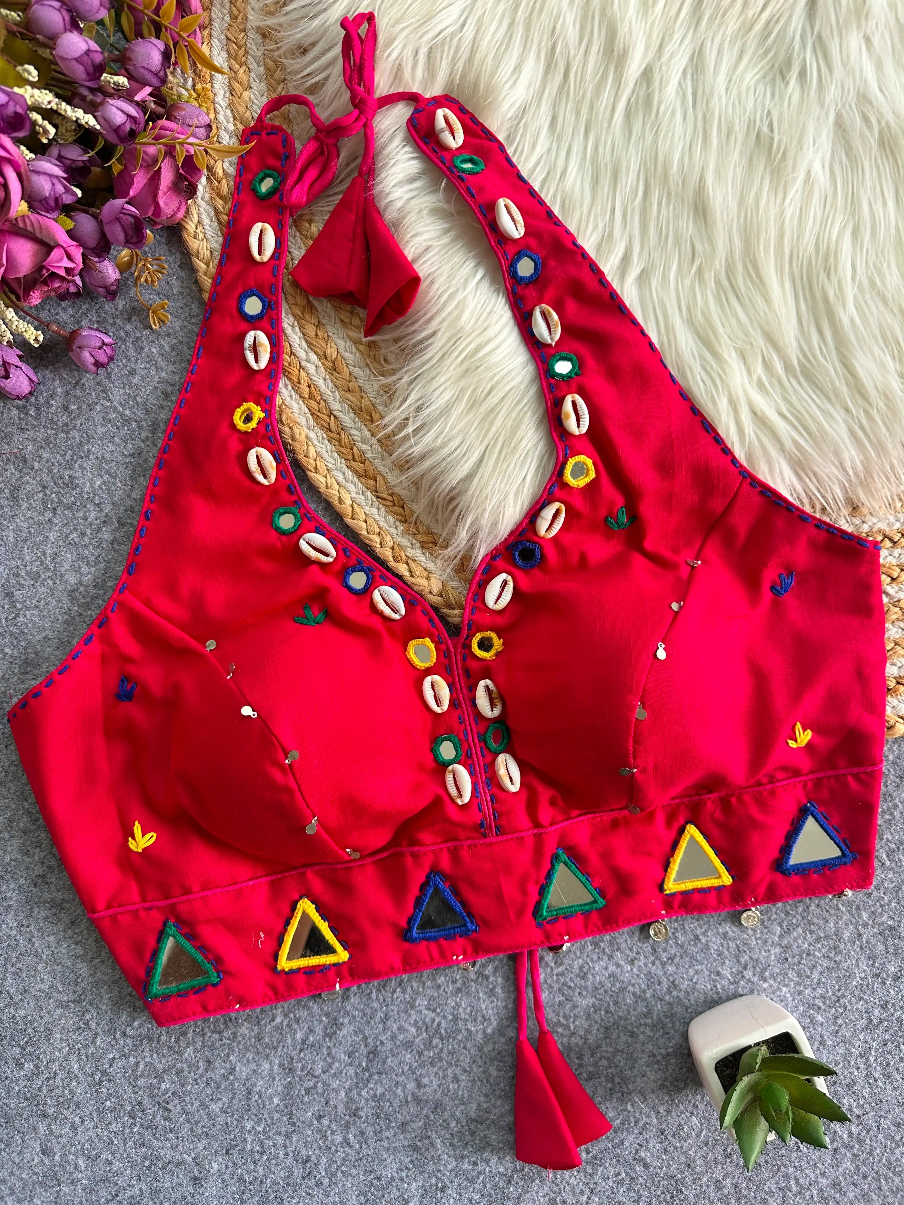 Dark Pink Handwork Mirror Work Blouse front view – V-neck cowrie shells mirrors KB43 Kalyanja