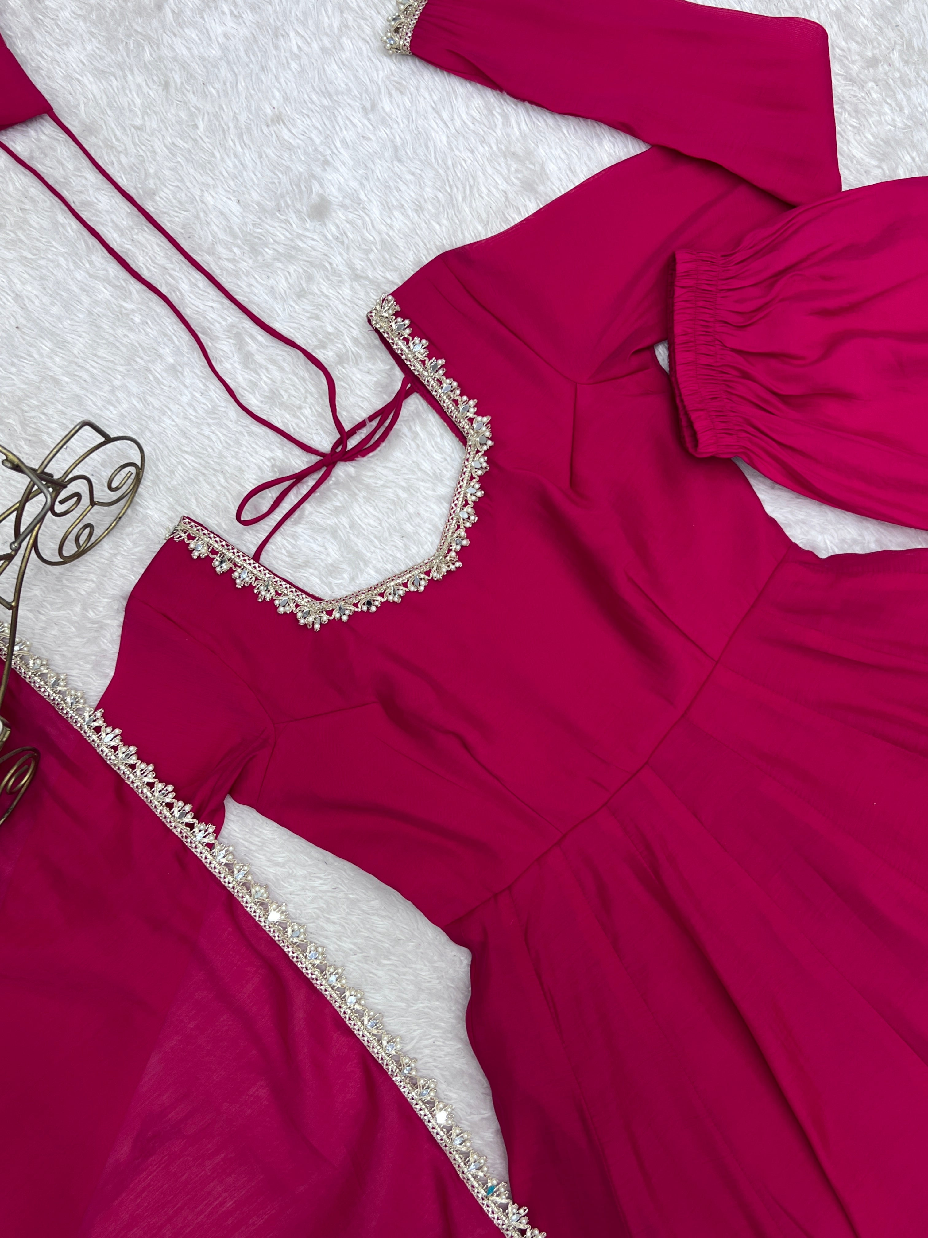 Dark Pink Mul Chanderi Suit flatlay dupatta lace border detail KU269