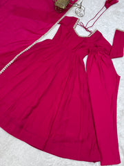 Dark Pink Handwork Mirror Work Anarkali Suit panoramic flatlay KU269