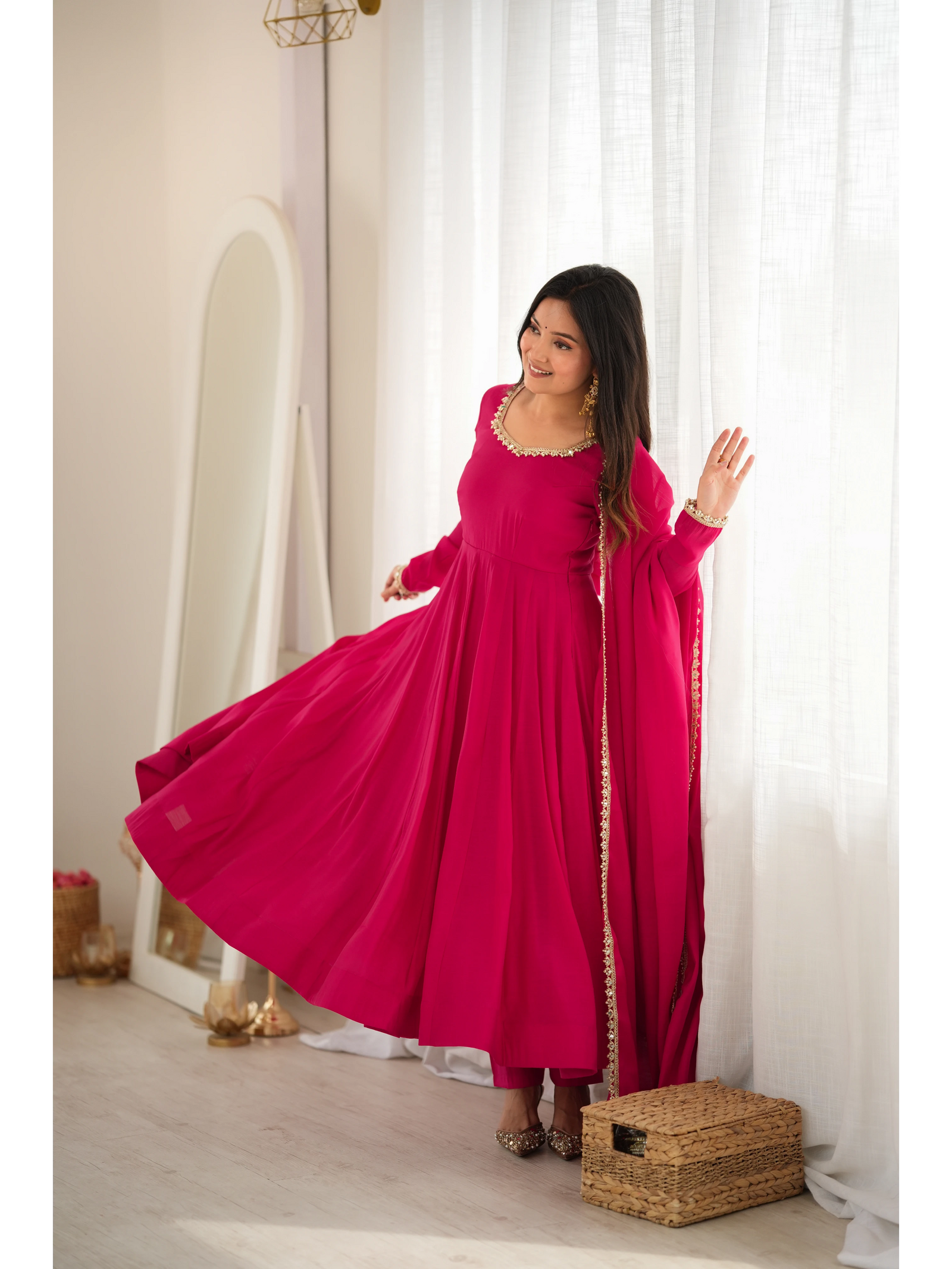 Dark Pink Anarkali Mul Chanderi Suit model front view full length KU269