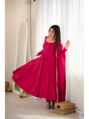 Dark Pink Anarkali Mul Chanderi Suit model front view full length KU269