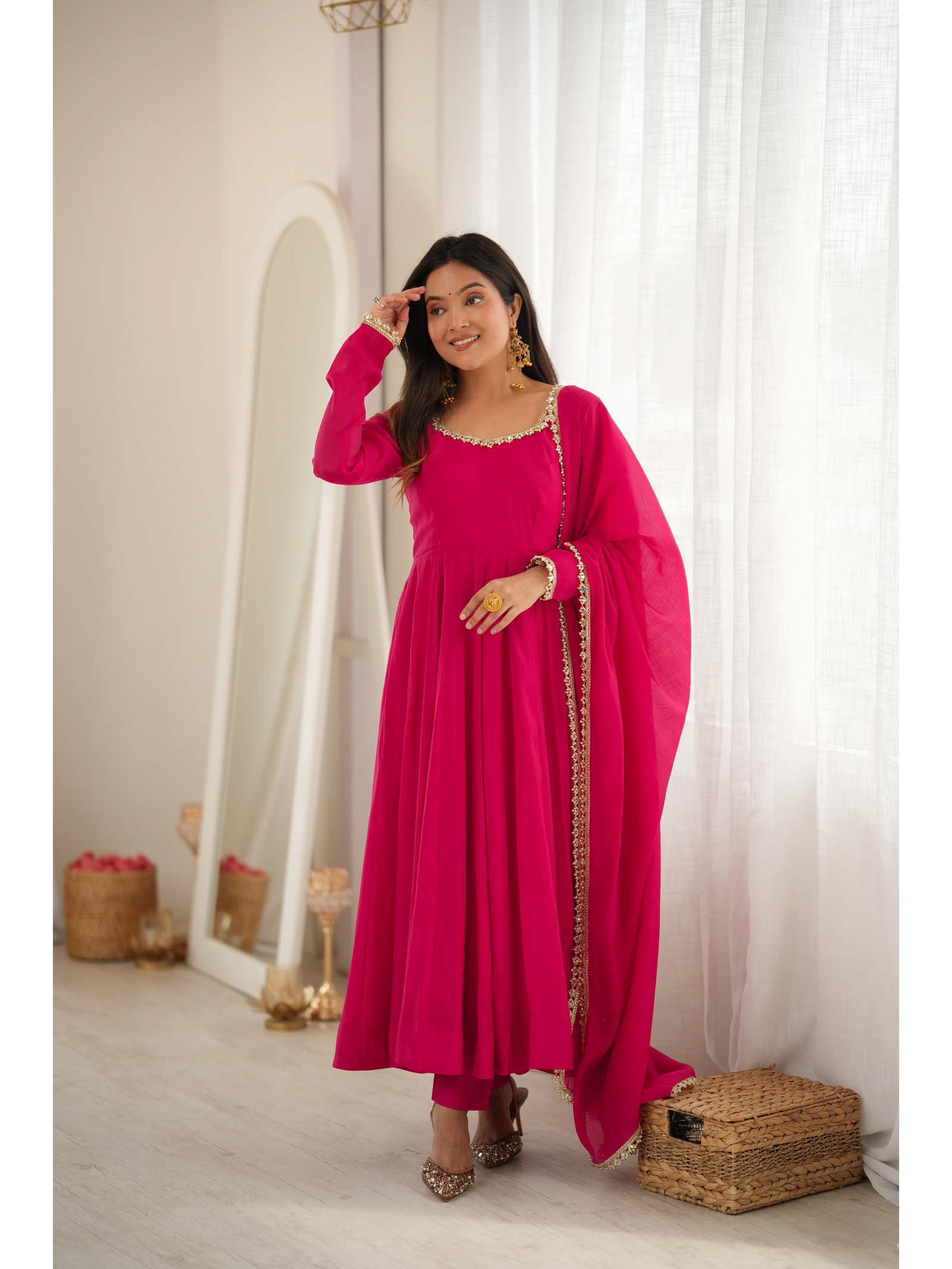 Dark Pink Handwork Mirror Work Suit model different angle KU269