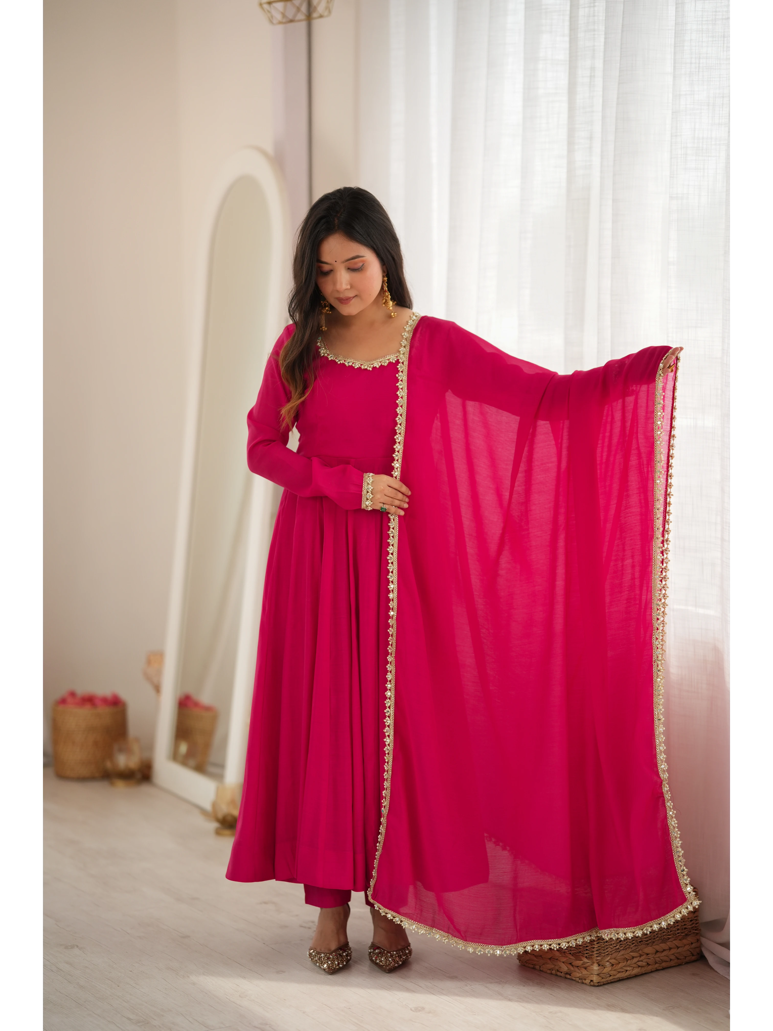 Dark Pink Anarkali Suit model full length sitting pose KU269