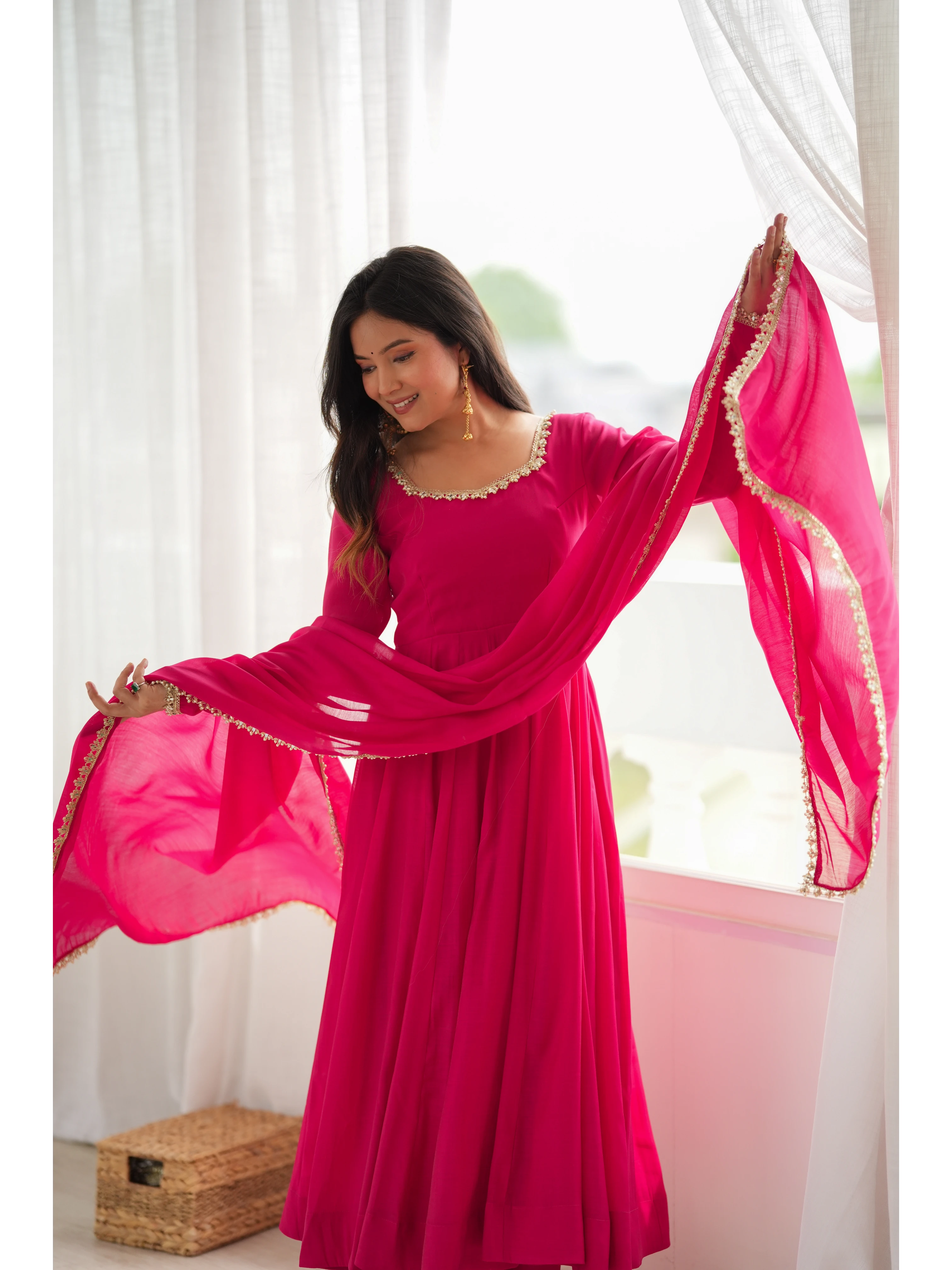 Dark Pink Mul Chanderi Suit model portrait upper body KU269