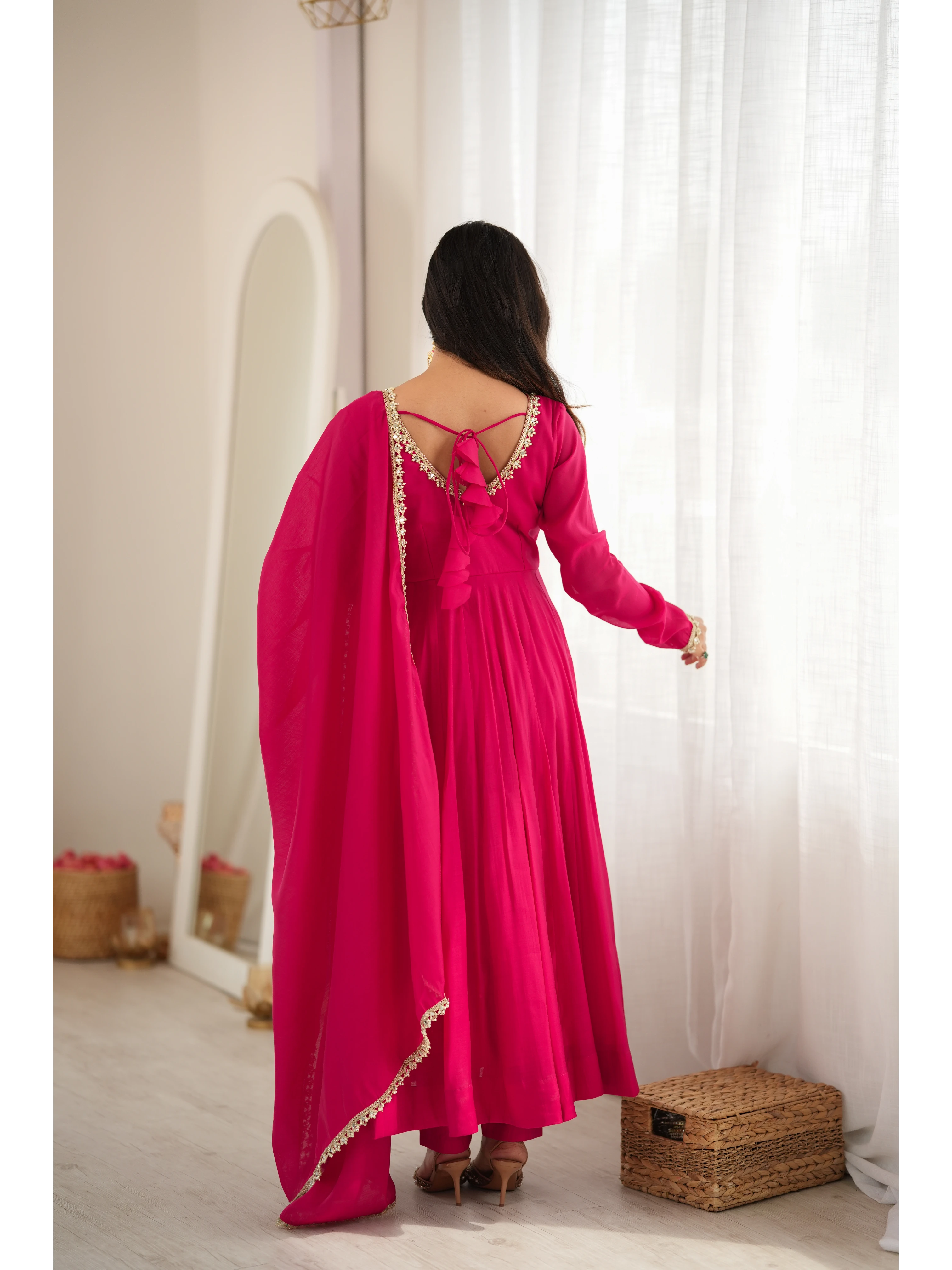 Dark Pink Anarkali Suit back view open dori tie-up neckline KU269