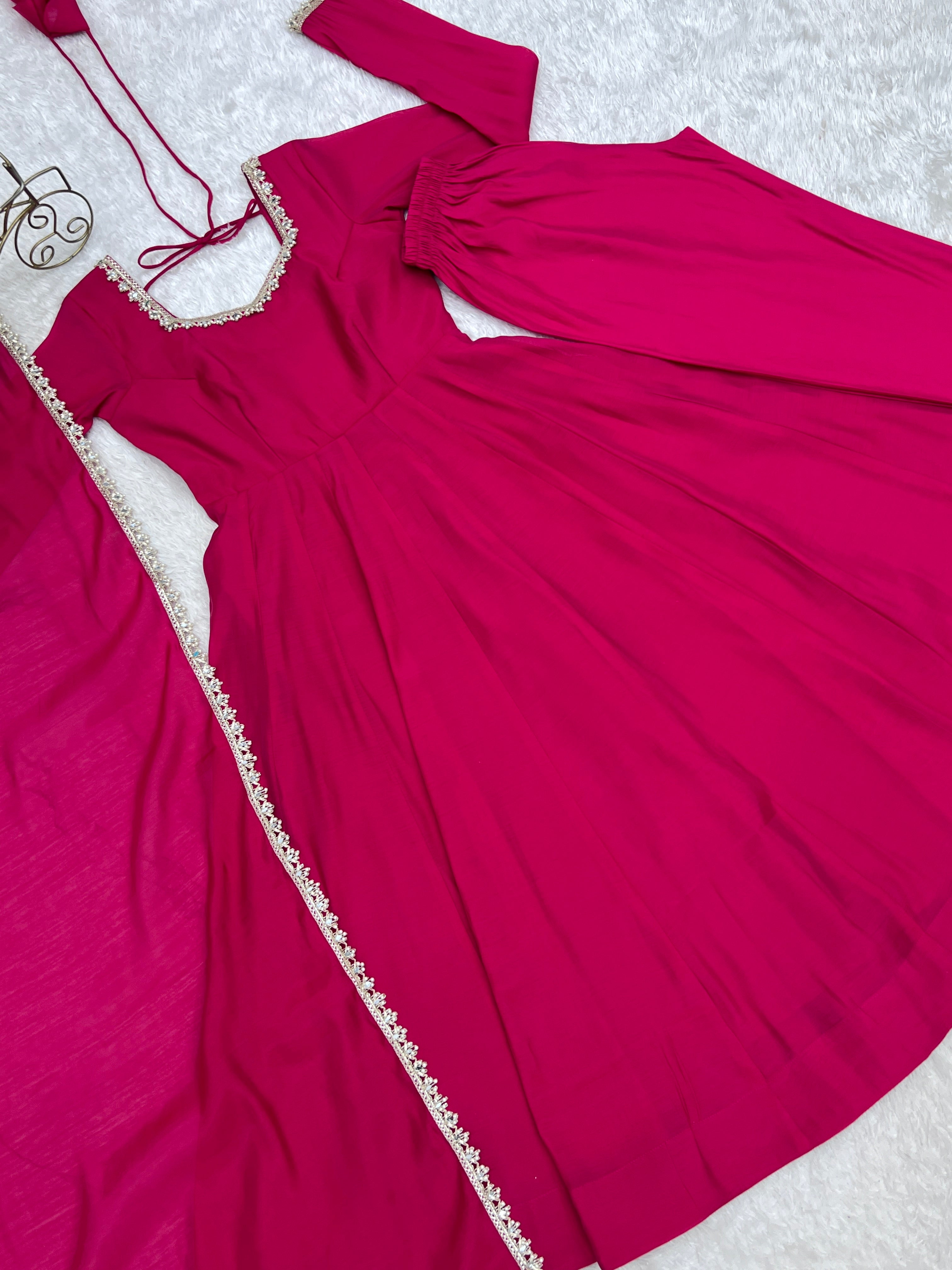 Dark Pink Handwork Mirror Work Suit flatlay neckline embroidery close up KU269