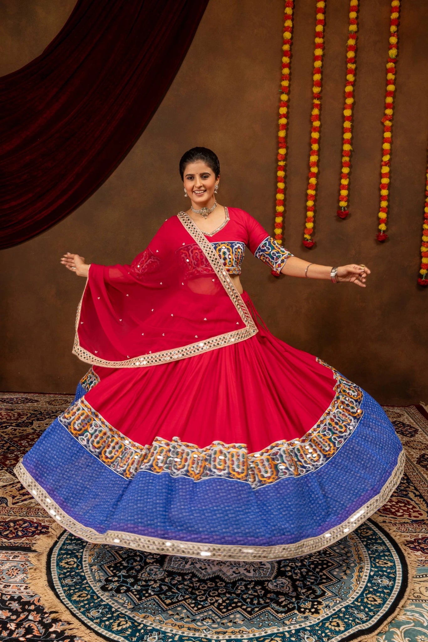 dark pink mirror work lehenga garba twirl blue border kalyanja KL189