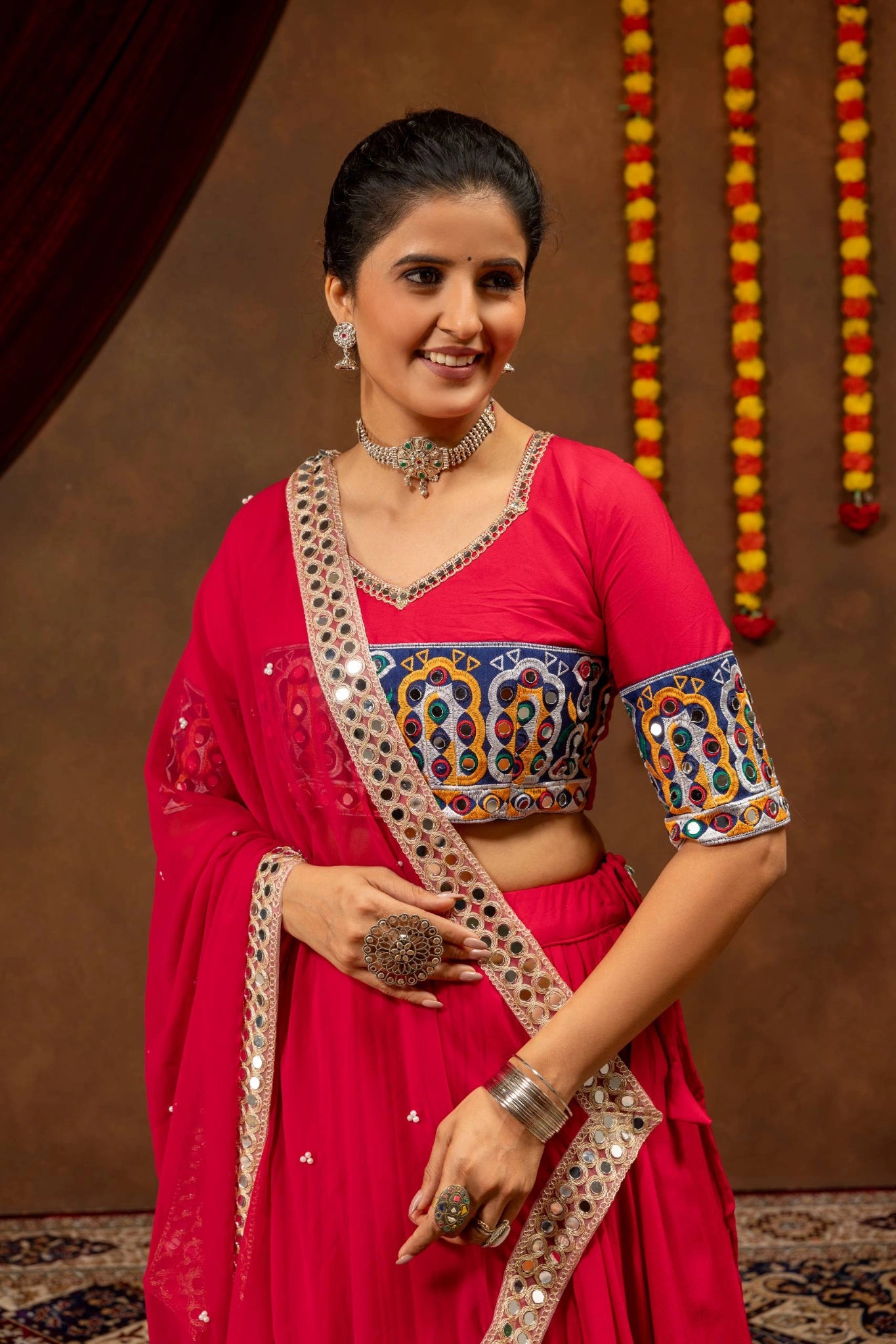 dark pink mirror work lehenga choli close up kalyanja KL189