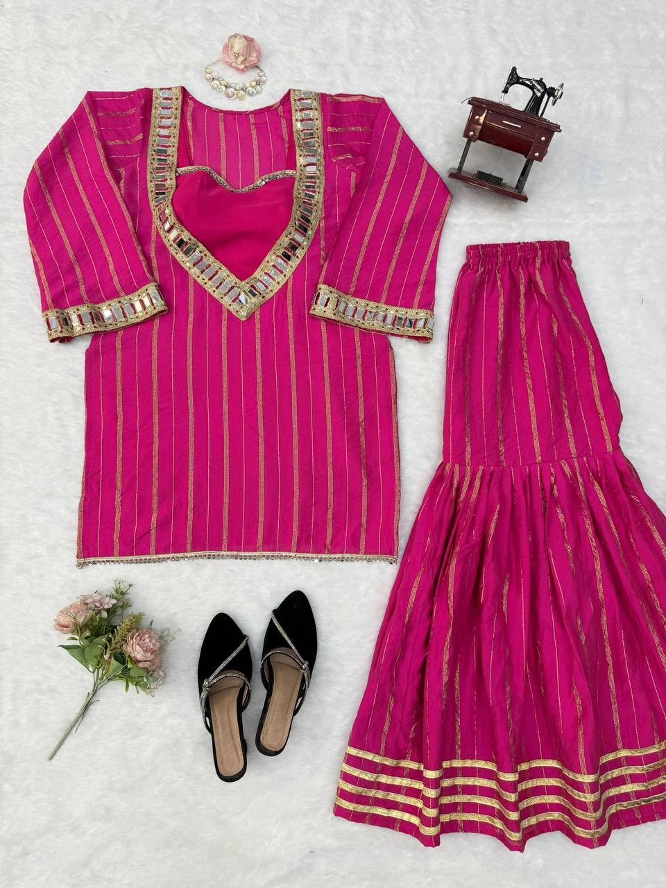 Dark Pink Mirror Work Suit flatlay kurta sharara set display KU266