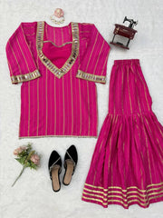 Dark Pink Mirror Work Suit flatlay kurta sharara set display KU266