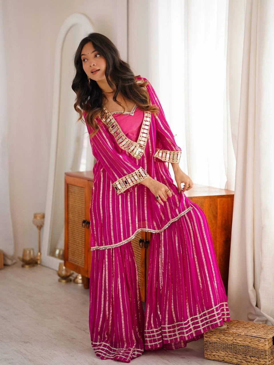 Dark Pink Mirror Work Suit sharara set model front view sweetheart neckline KU266