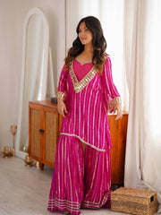 Dark Pink Mirror Work Suit three quarter view with dupatta KU266