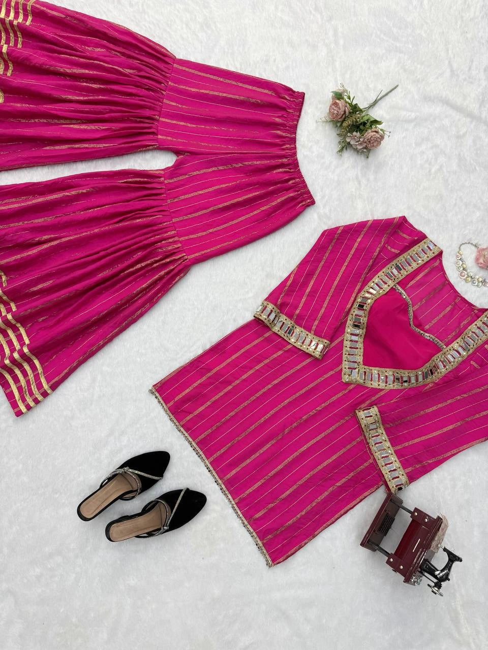 Dark Pink Suit model side view with dupatta sharara silhouette KU266