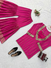 Dark Pink Suit model side view with dupatta sharara silhouette KU266