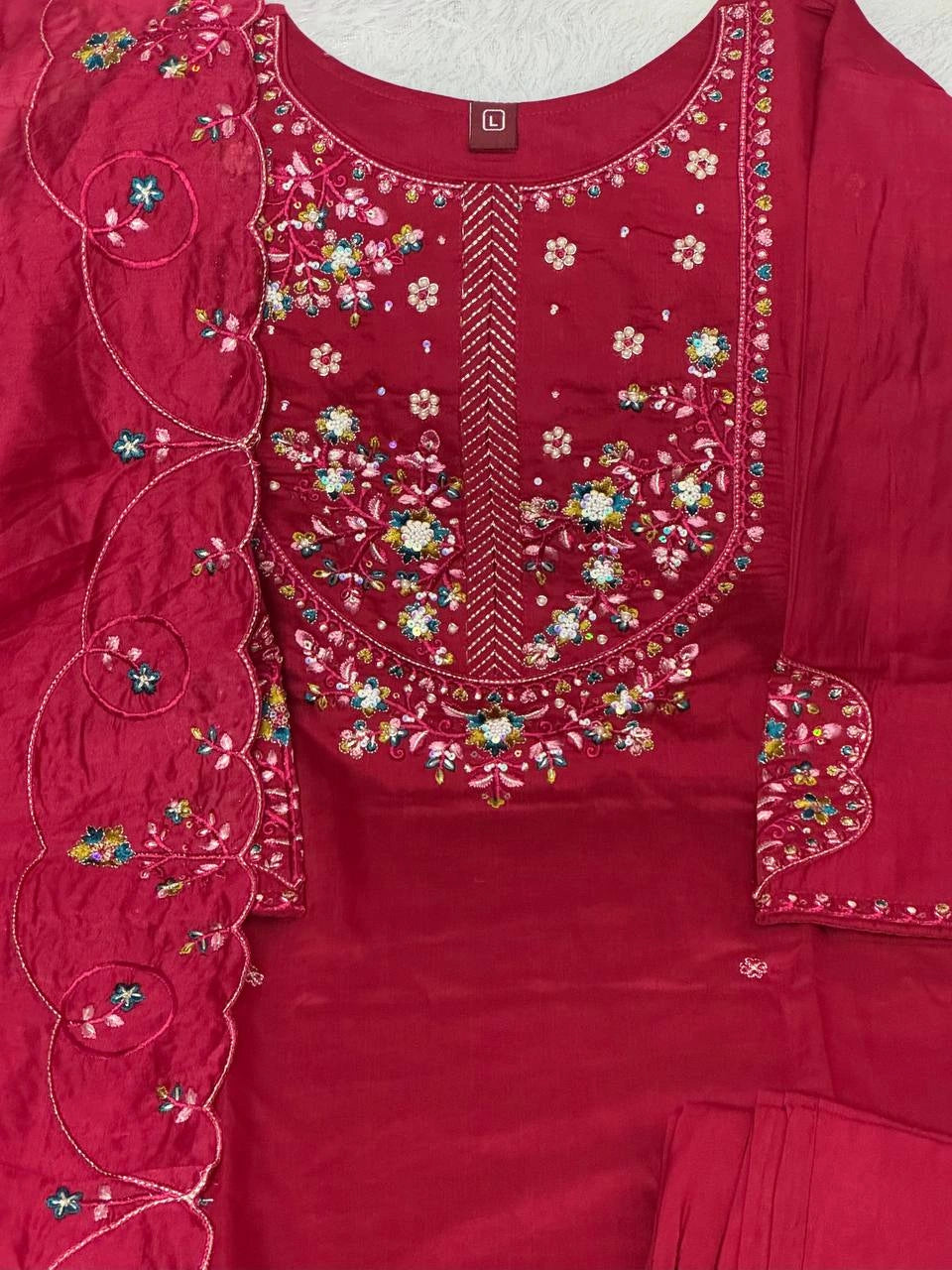 Dark Pink Multi Thread Embroidered Kurti Marina Silk Blend KK110 - Pant Detail