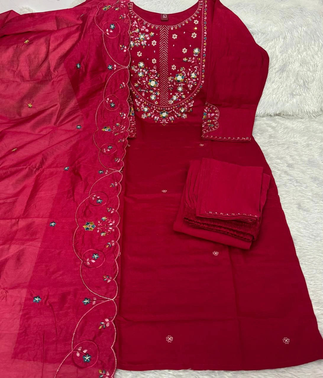 Dark Pink Multi Thread Embroidered Kurti Marina Silk Blend KK110 - Flat Lay Set