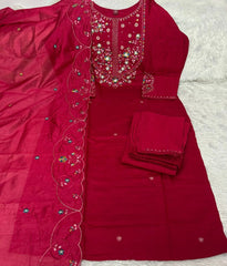 Dark Pink Multi Thread Embroidered Kurti Marina Silk Blend KK110 - Flat Lay Set