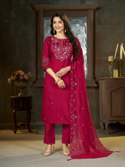 Dark Pink Multi Thread Embroidered Kurti Marina Silk Blend KK110 - Front Full Length