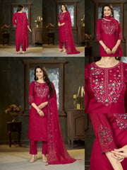 Dark Pink Multi Thread Embroidered Kurti Marina Silk Blend KK110 - All Views