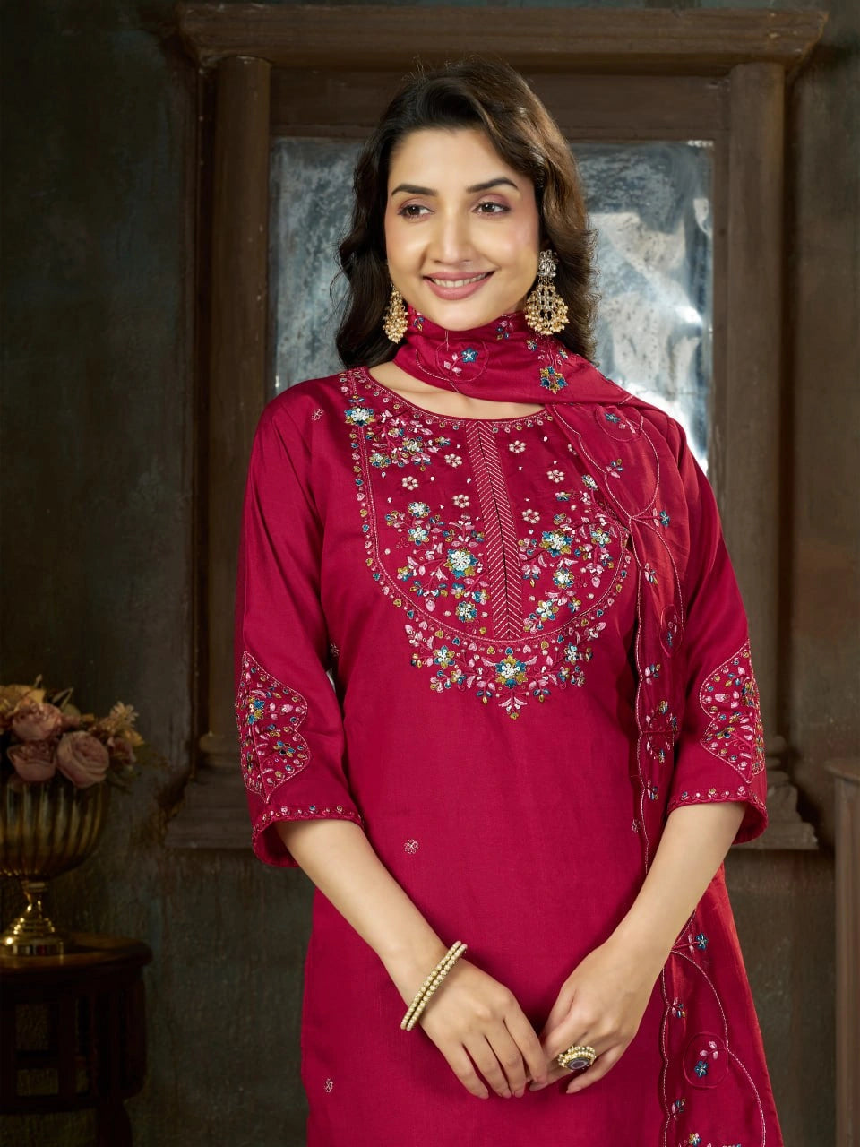 Dark Pink Multi Thread Embroidered Kurti Marina Silk Blend KK110 - Upper Body with Dupatta
