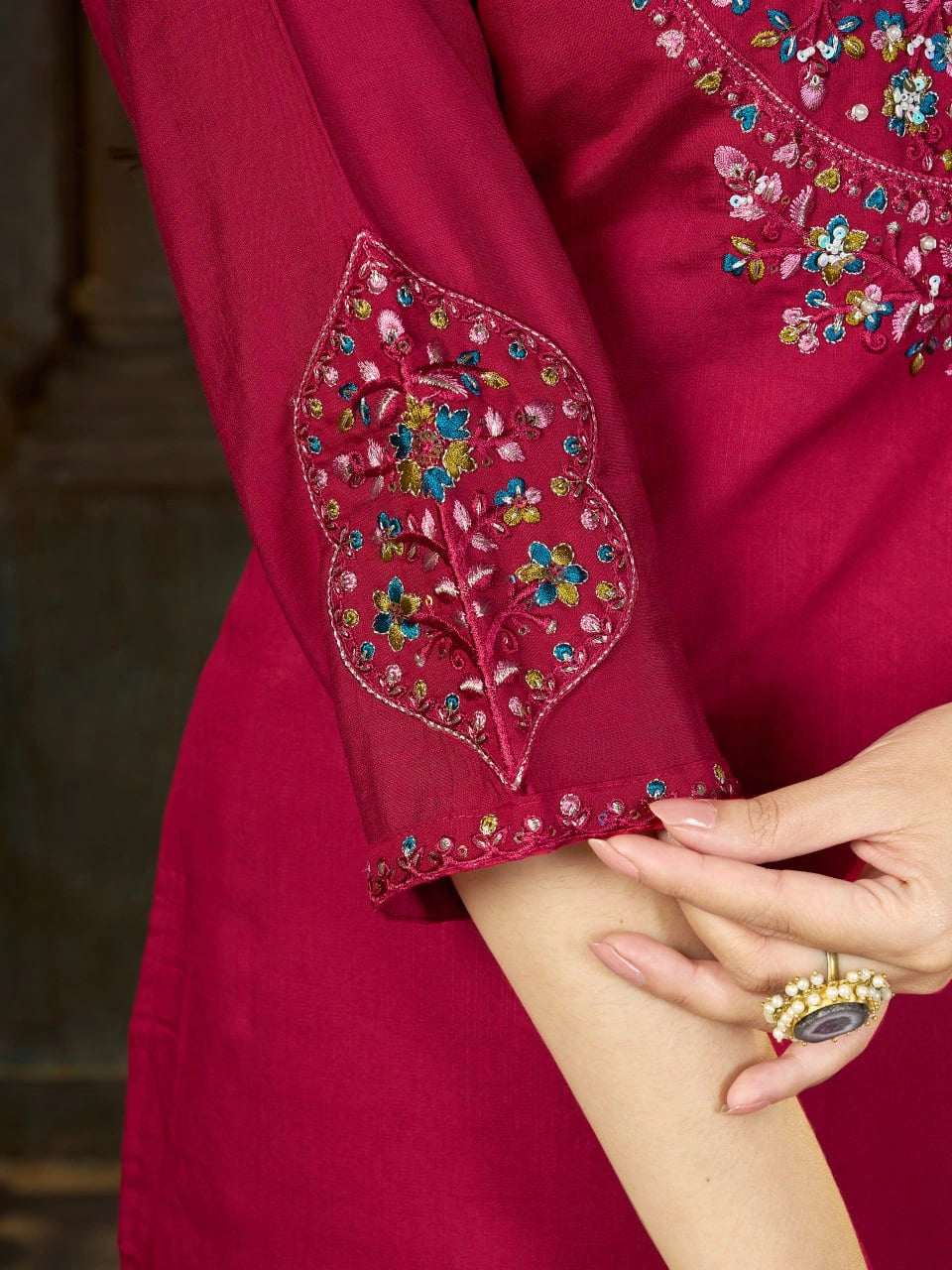 Dark Pink Multi Thread Embroidered Kurti Marina Silk Blend KK110 - Sleeve Detail