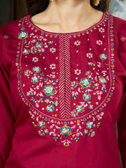 Dark Pink Multi Thread Embroidered Kurti Marina Silk Blend KK110 - Neckline Embroidery Detail