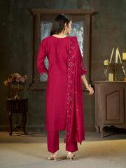 Dark Pink Multi Thread Embroidered Kurti Marina Silk Blend KK110 - Back View