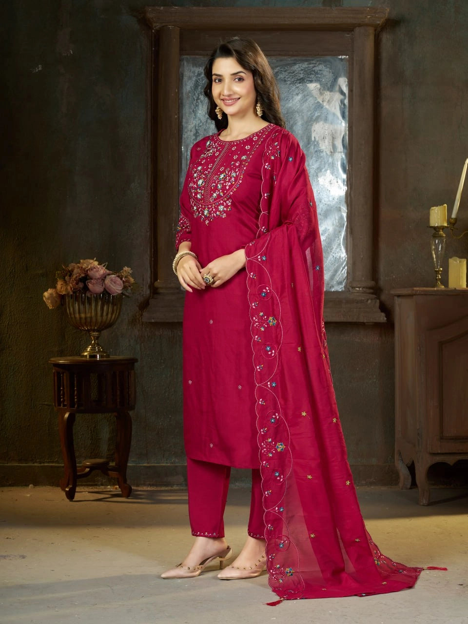 Dark Pink Multi Thread Embroidered Kurti Marina Silk Blend KK110 - Style Shot