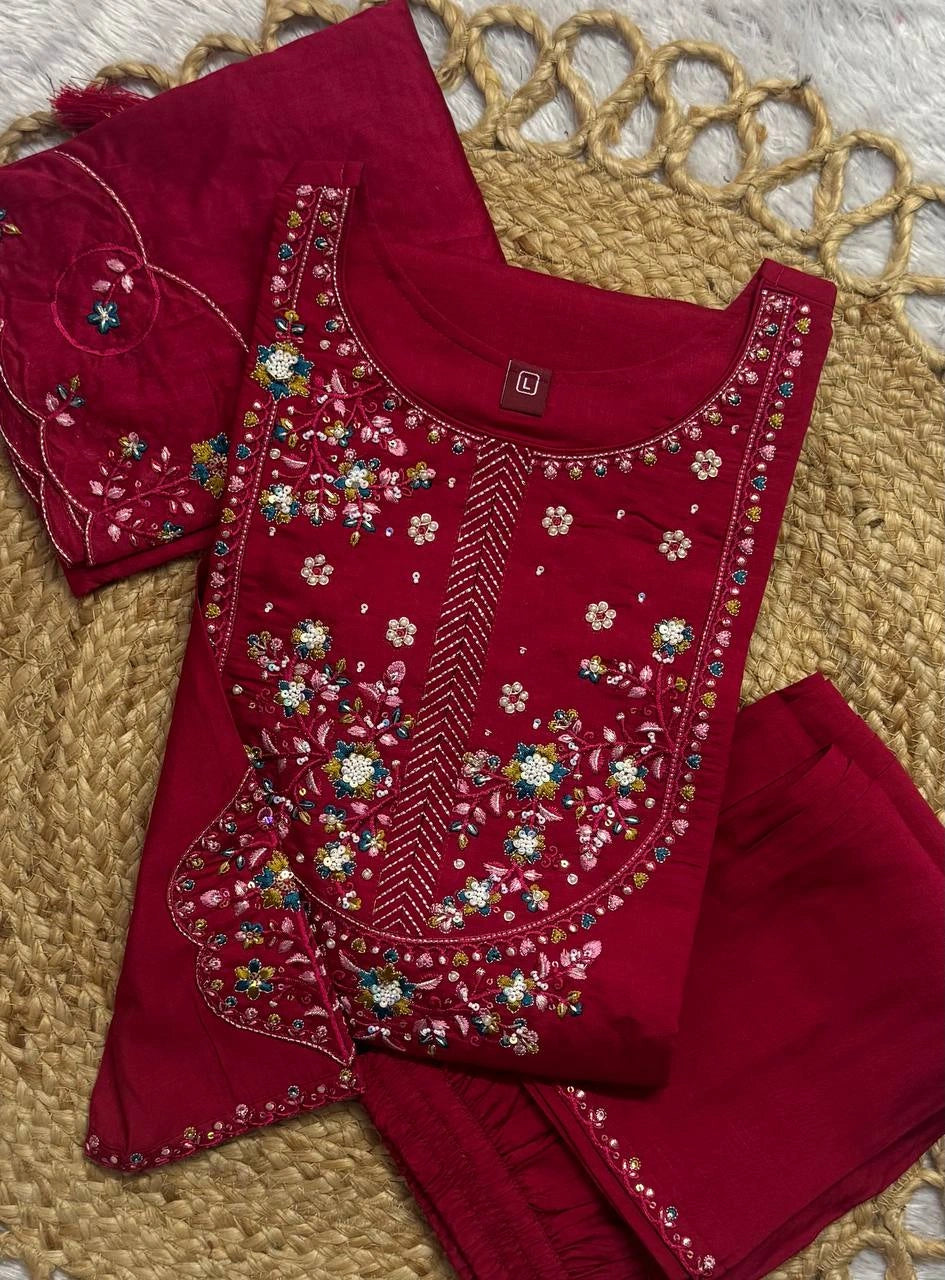 Dark Pink Multi Thread Embroidered Kurti Marina Silk Blend KK110 - Flat Lay Detail