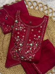 Dark Pink Multi Thread Embroidered Kurti Marina Silk Blend KK110 - Flat Lay Detail