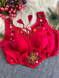 Dark Pink Multi Thread Mirror Work Blouse – Cotton Blend Festival Wear