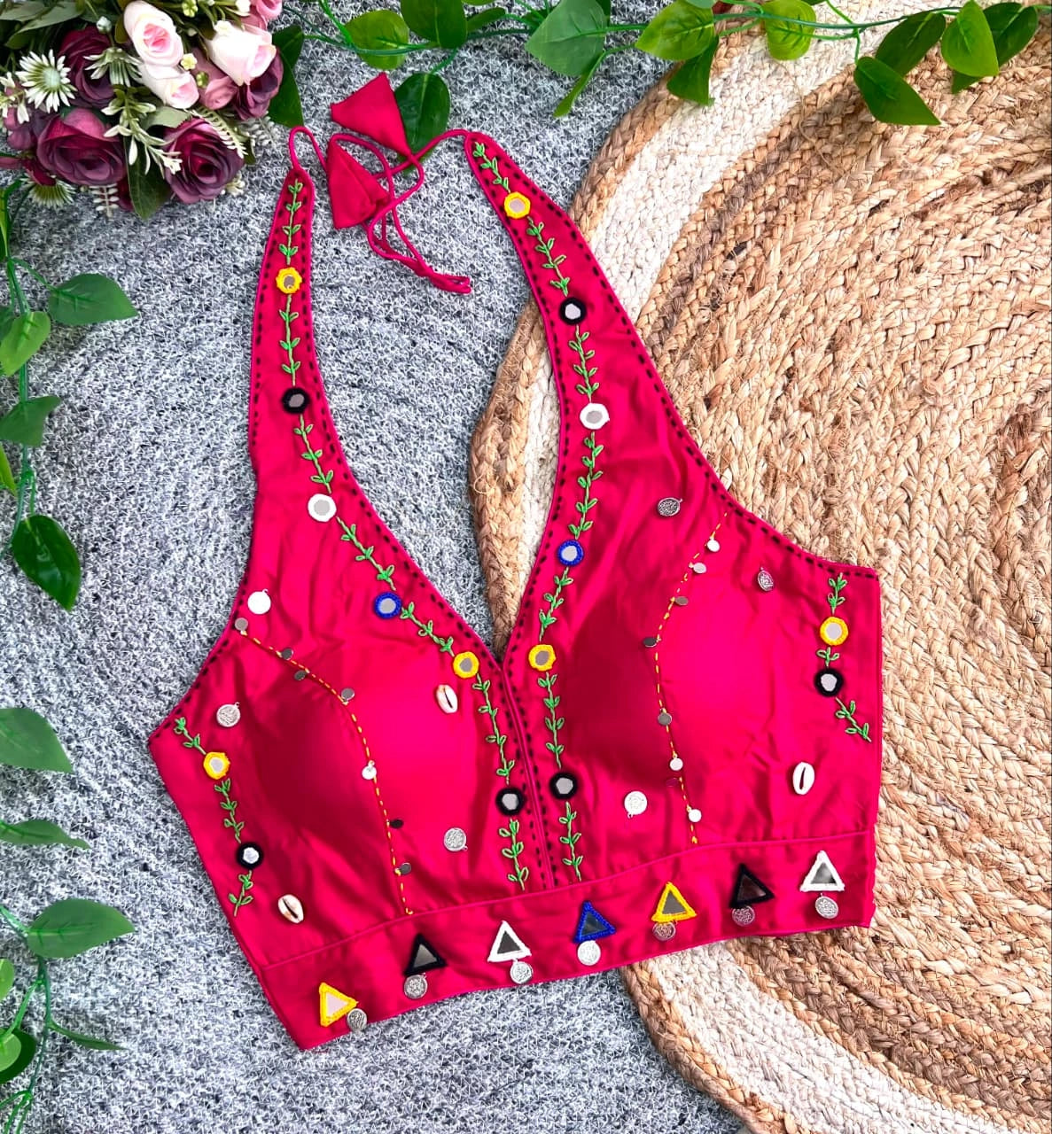 Dark Pink Multi Thread with Mirror Work Blouse – Kalyanja KB44
