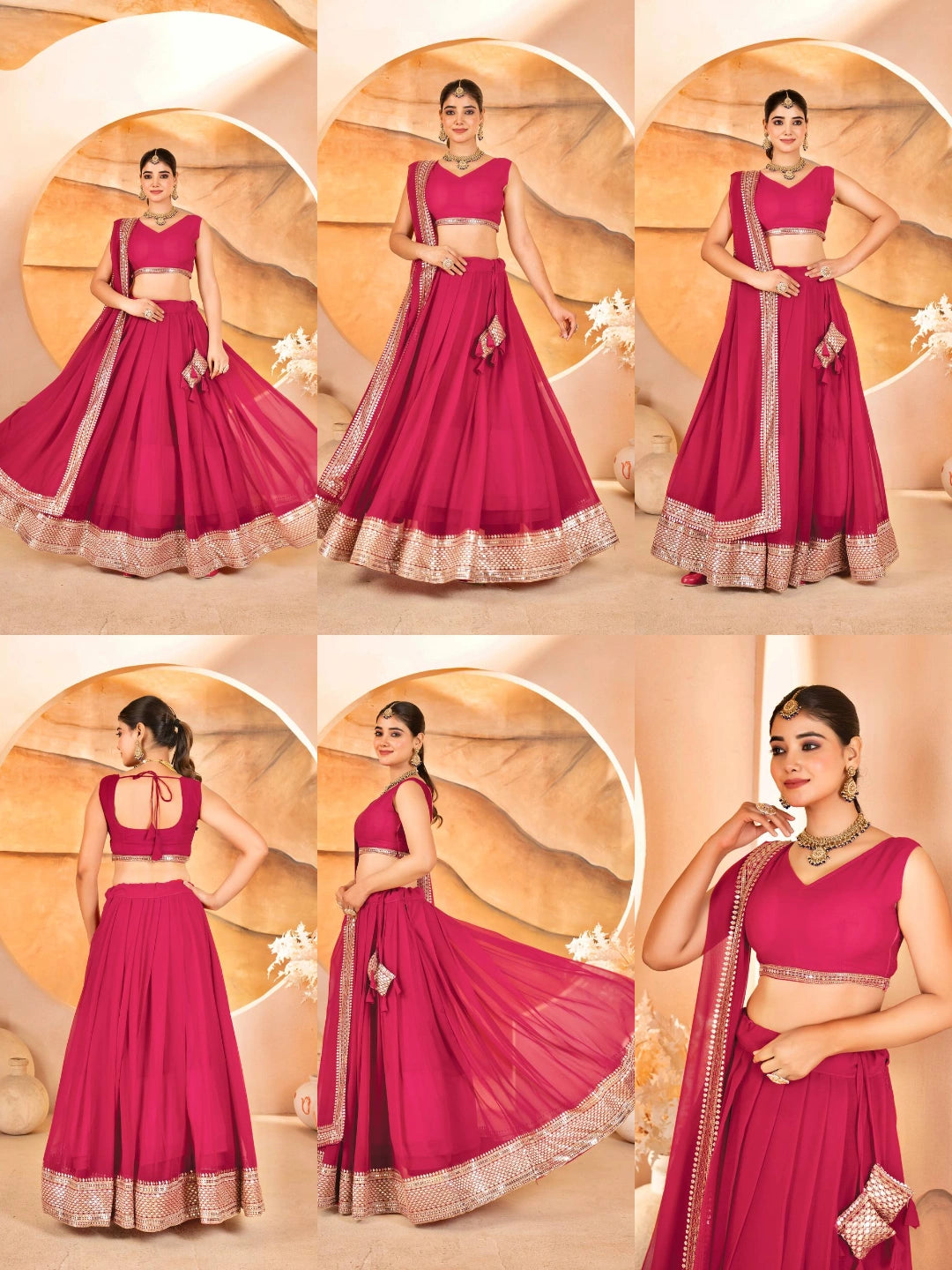 Dark Pink Sequins Embroidered Lehenga All Angles Collage – KL201 – Kalyanja