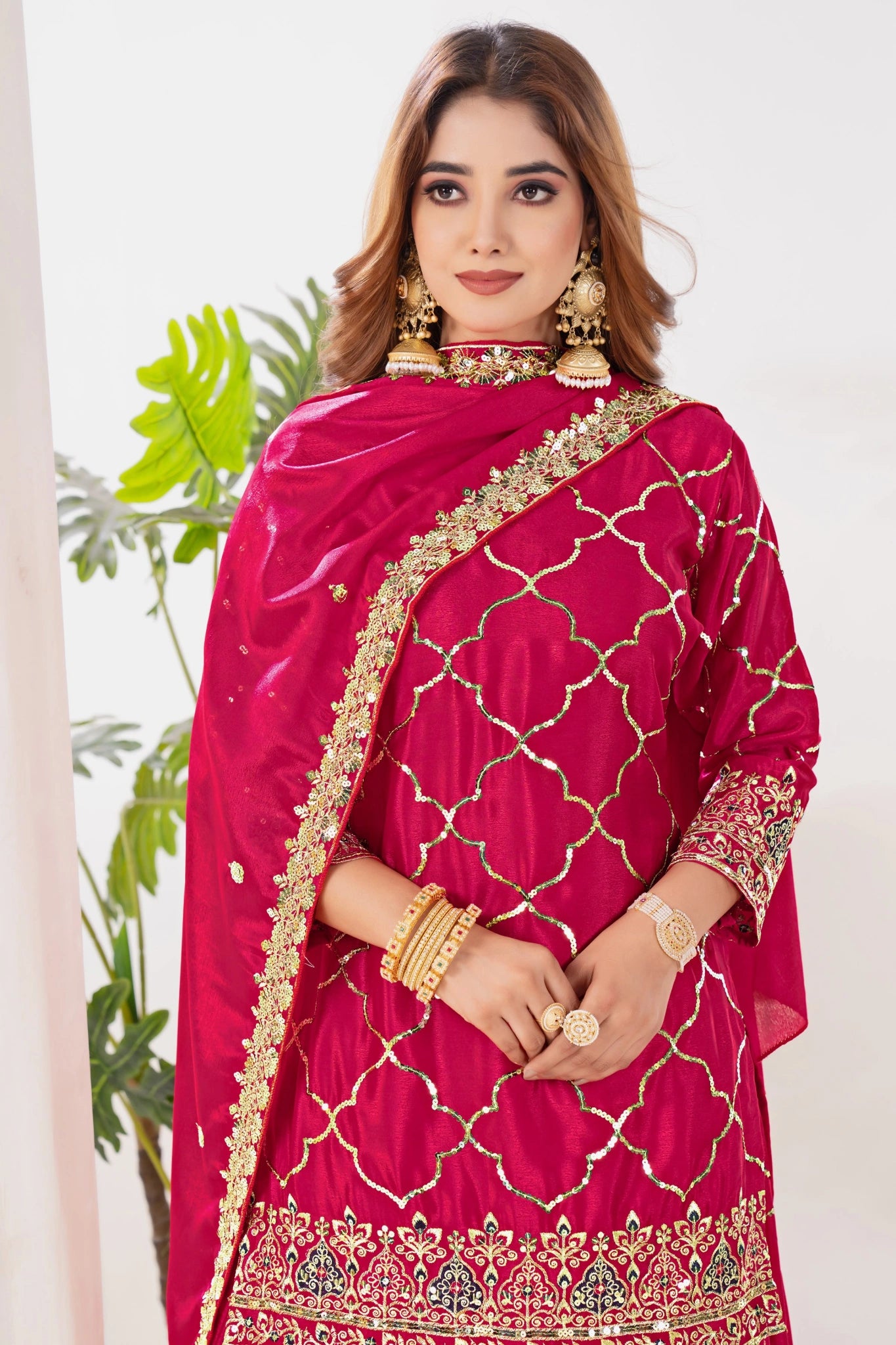 Dark Pink Sequins Embroidered Suit Pakistani palazzo model shot KU263 Kalyanja
