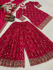 Dark Pink Sequins Embroidered Suit Chinon Silk Blend KU263 Kalyanja