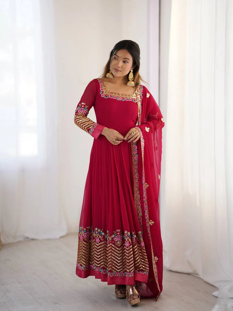 Dark Pink Sequins Embroidered Suit Anarkali front full length model KU264