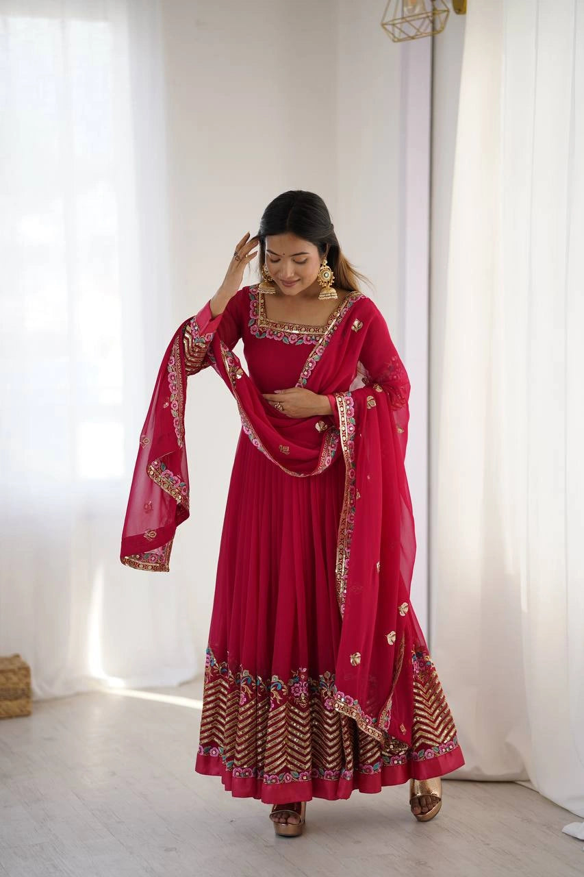 Dark Pink Anarkali three quarter pose with dupatta styled KU264