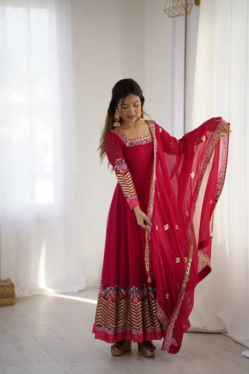 Dark Pink Sequins Embroidered Suit close up embroidery work KU264