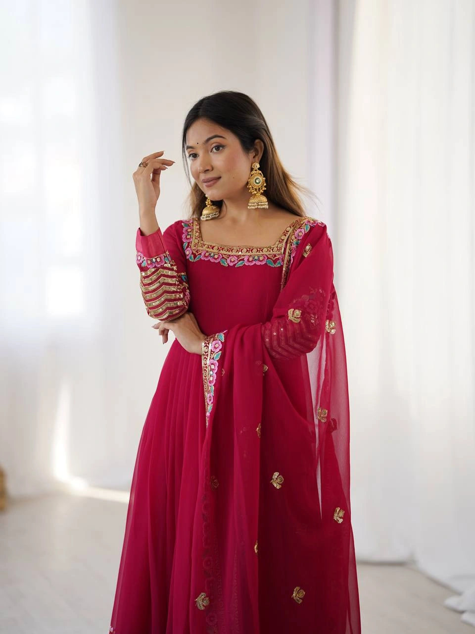 Dark Pink Anarkali sleeve detail sequins moti embroidery KU264