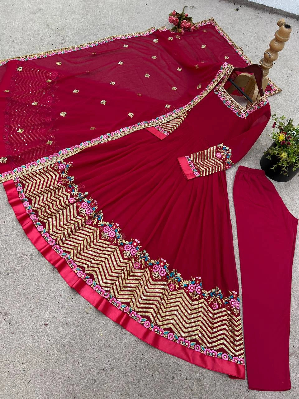 Dark Pink Sequins Suit flatlay suit pant dupatta set KU264