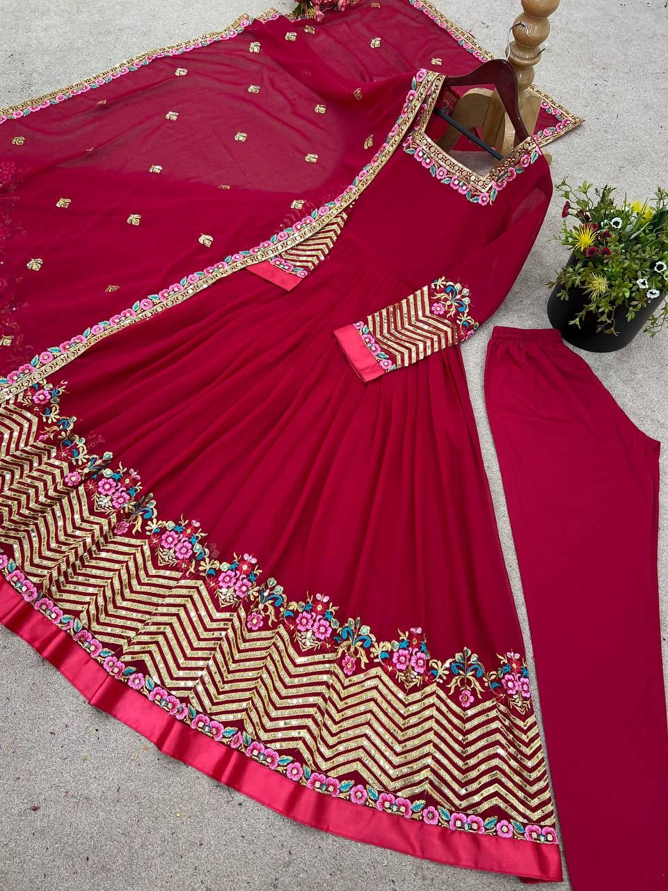 Dark Pink Anarkali gold chevron sequins border flatlay overhead KU264