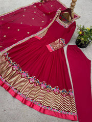 Dark Pink Anarkali gold chevron sequins border flatlay overhead KU264