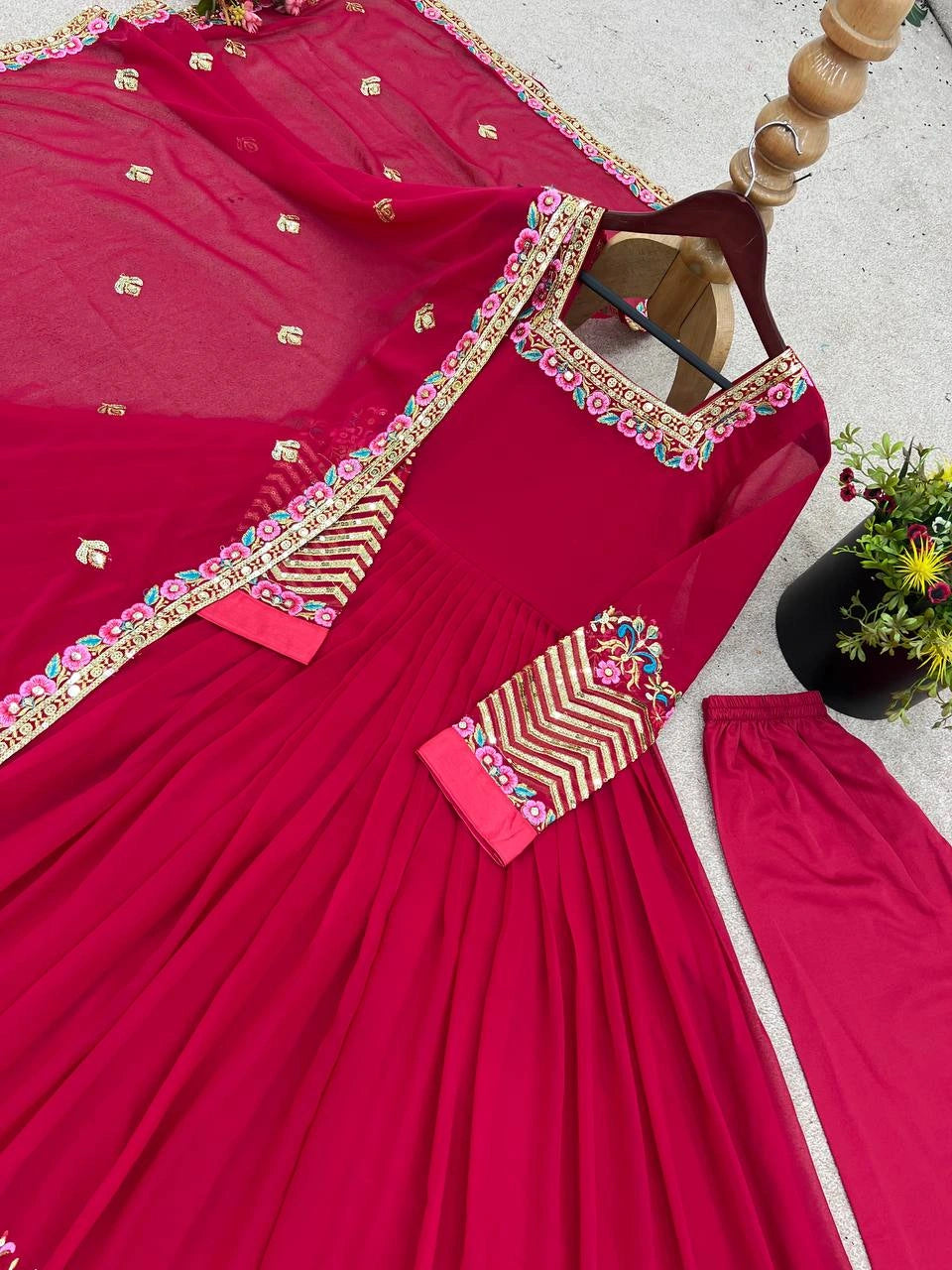 Dark Pink Anarkali Suit complete set overhead display wedding KU264