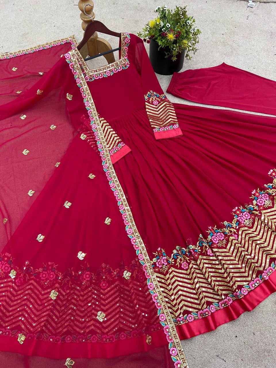 Dark Pink Sequins Embroidered Suit complete set hanger display KU264