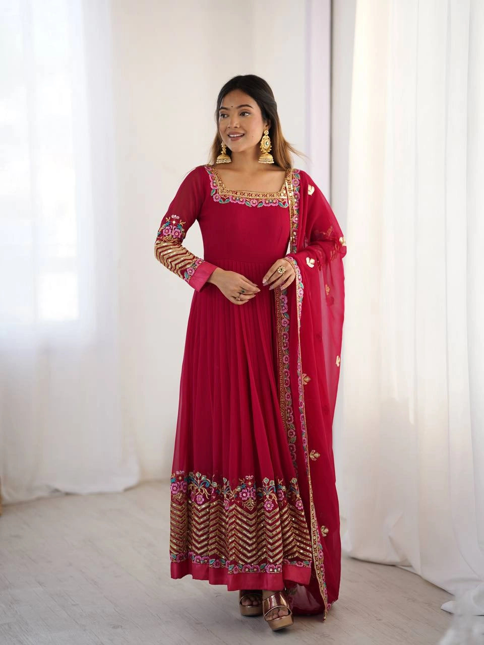 Dark Pink Anarkali Suit model pose festive occasion look KU264